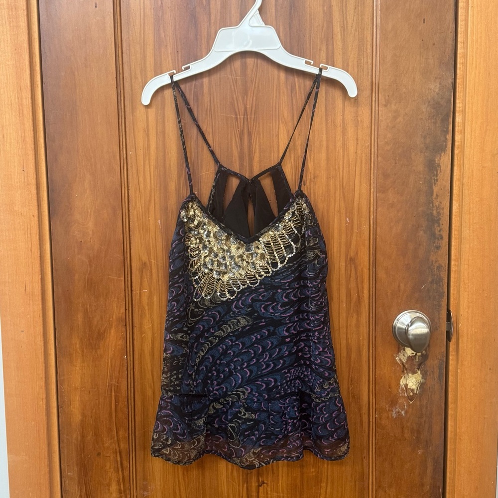 Sparkly Black & Purple Feather Pattern, Women's Camisole with Gold Sequins (M)